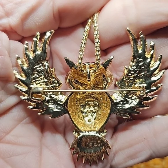 Betsey Johnson Red and Gold Rhinestone Owl Pendant & Brooch - Picture 2 of 3